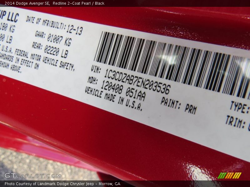 Redline 2-Coat Pearl / Black 2014 Dodge Avenger SE