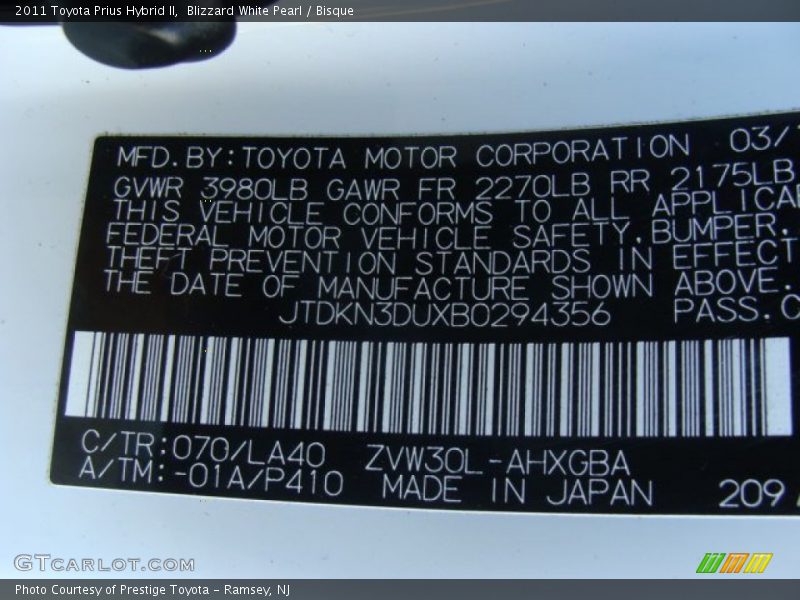 Blizzard White Pearl / Bisque 2011 Toyota Prius Hybrid II