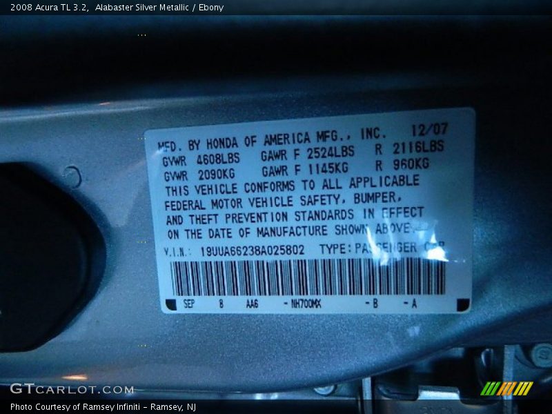 Alabaster Silver Metallic / Ebony 2008 Acura TL 3.2
