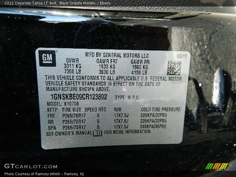 Black Granite Metallic / Ebony 2012 Chevrolet Tahoe LT 4x4