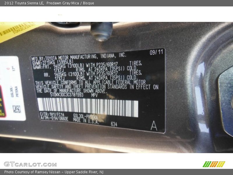 Predawn Gray Mica / Bisque 2012 Toyota Sienna LE