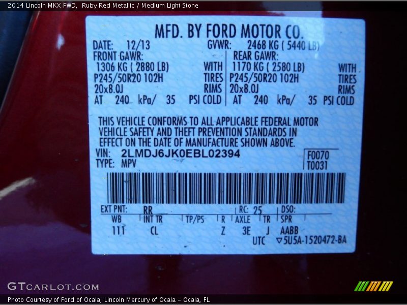 2014 MKX FWD Ruby Red Metallic Color Code RR
