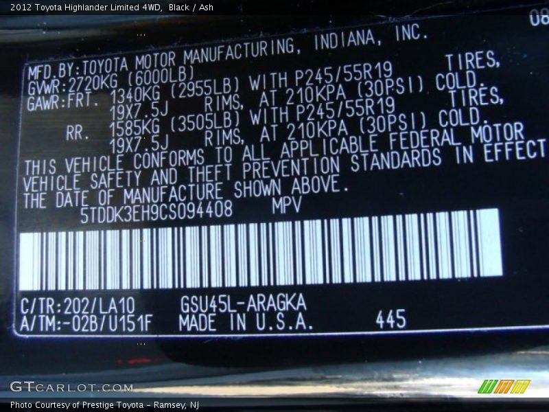 Black / Ash 2012 Toyota Highlander Limited 4WD