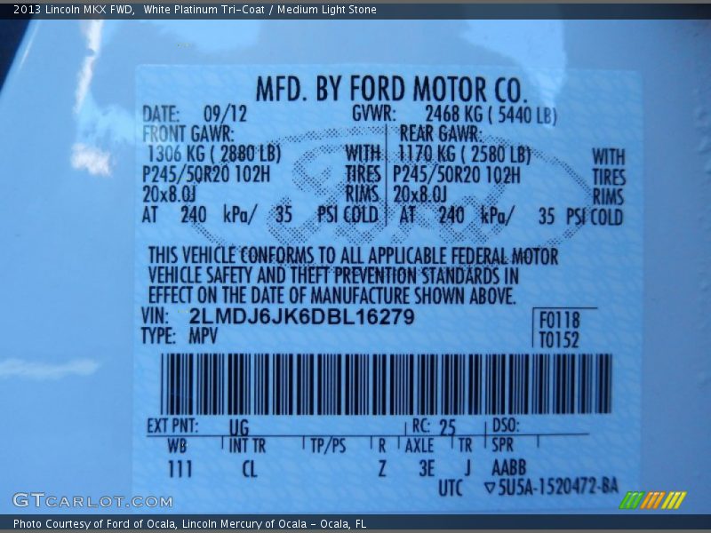 White Platinum Tri-Coat / Medium Light Stone 2013 Lincoln MKX FWD