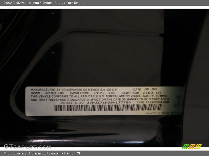 Black / Pure Beige 2008 Volkswagen Jetta S Sedan