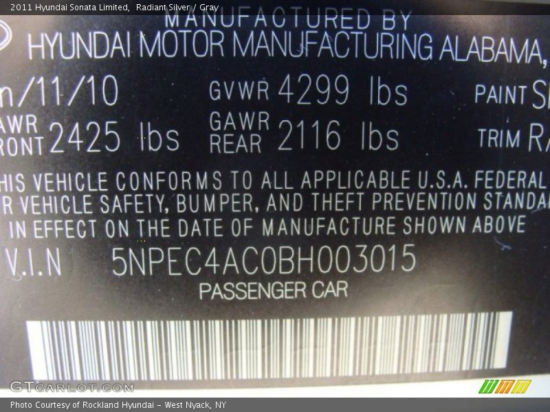 Radiant Silver / Gray 2011 Hyundai Sonata Limited