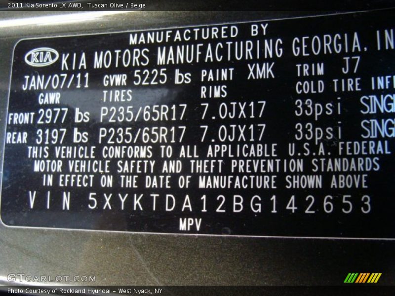 Tuscan Olive / Beige 2011 Kia Sorento LX AWD