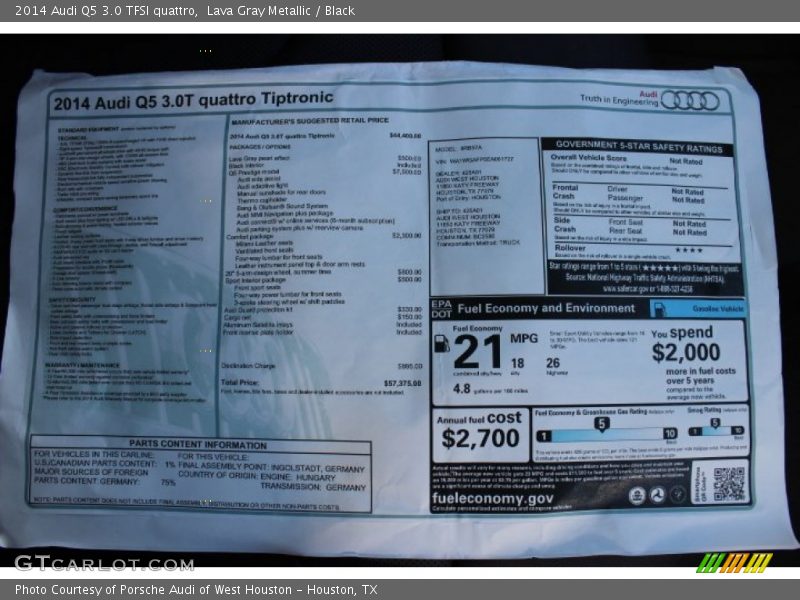  2014 Q5 3.0 TFSI quattro Window Sticker