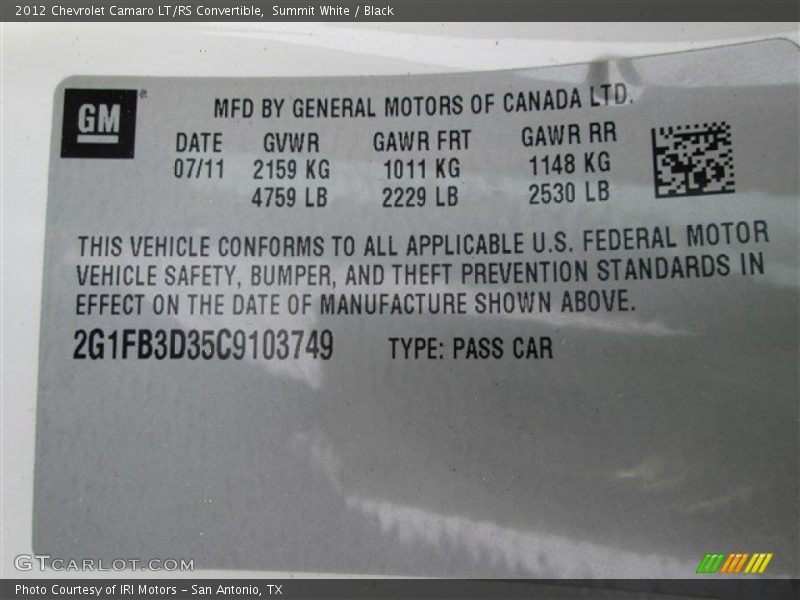 Summit White / Black 2012 Chevrolet Camaro LT/RS Convertible