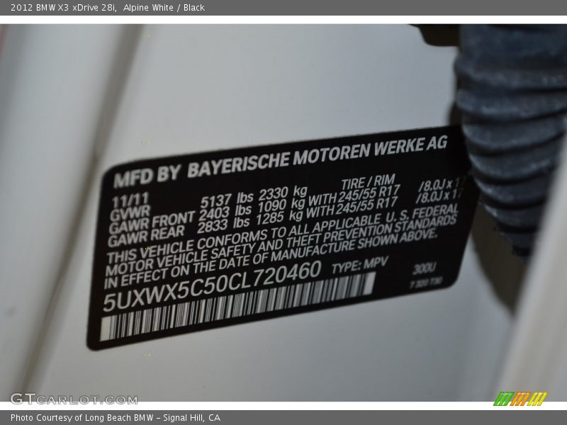 Alpine White / Black 2012 BMW X3 xDrive 28i