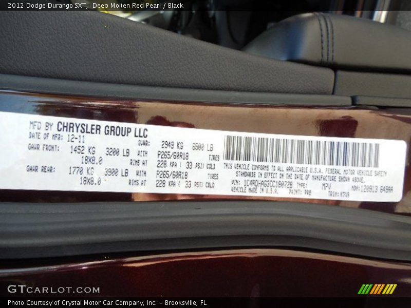 Deep Molten Red Pearl / Black 2012 Dodge Durango SXT