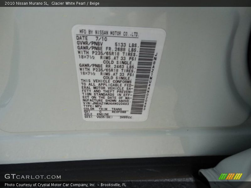 Glacier White Pearl / Beige 2010 Nissan Murano SL