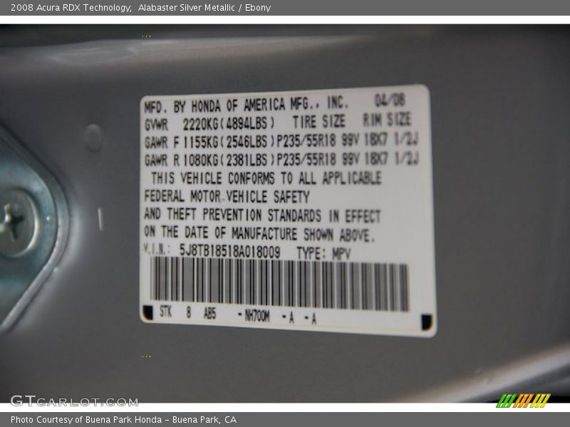 Alabaster Silver Metallic / Ebony 2008 Acura RDX Technology