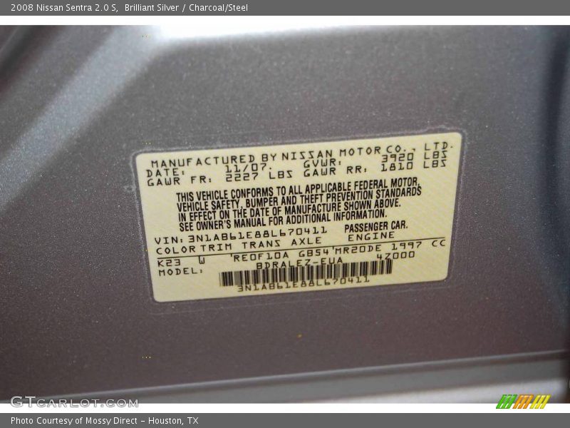 Brilliant Silver / Charcoal/Steel 2008 Nissan Sentra 2.0 S