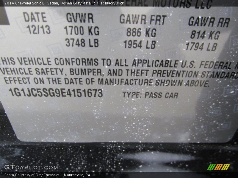 Ashen Gray Metallic / Jet Black/Brick 2014 Chevrolet Sonic LT Sedan