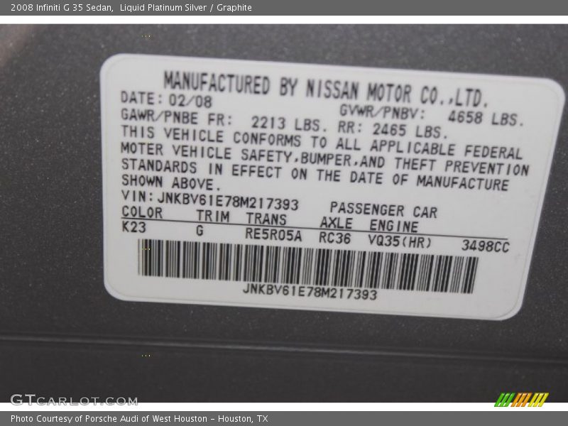 Liquid Platinum Silver / Graphite 2008 Infiniti G 35 Sedan