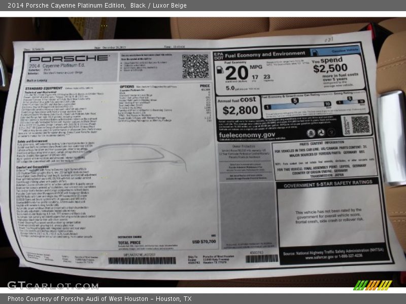  2014 Cayenne Platinum Edition Window Sticker