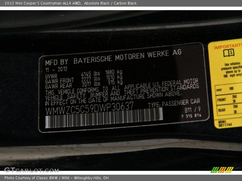 Absolute Black / Carbon Black 2013 Mini Cooper S Countryman ALL4 AWD