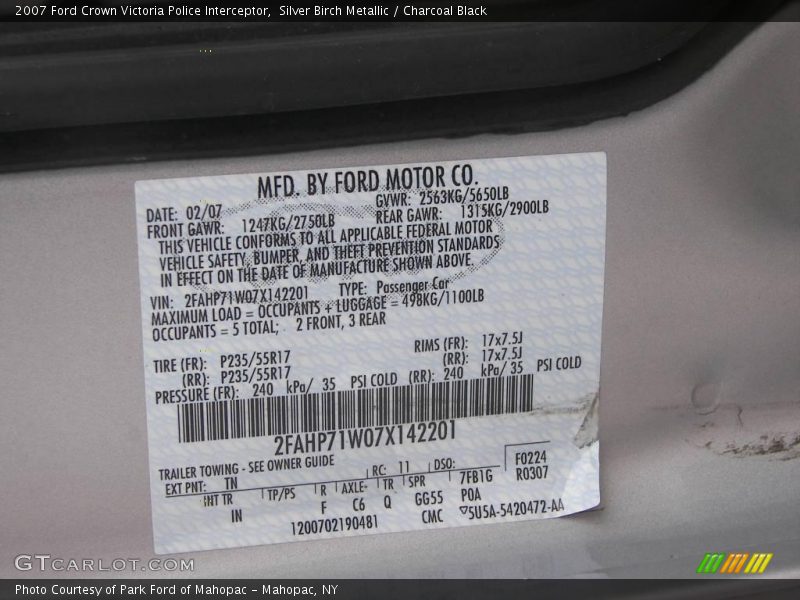 Silver Birch Metallic / Charcoal Black 2007 Ford Crown Victoria Police Interceptor