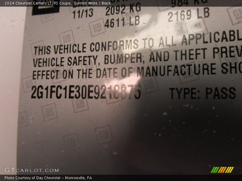 Summit White / Black 2014 Chevrolet Camaro LT/RS Coupe
