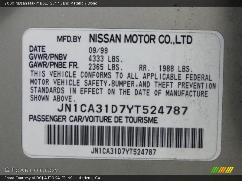Info Tag of 2000 Maxima SE