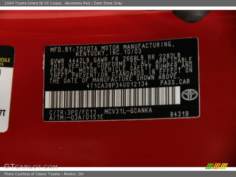 2004 Solara SE V6 Coupe Absolutely Red Color Code 3P0