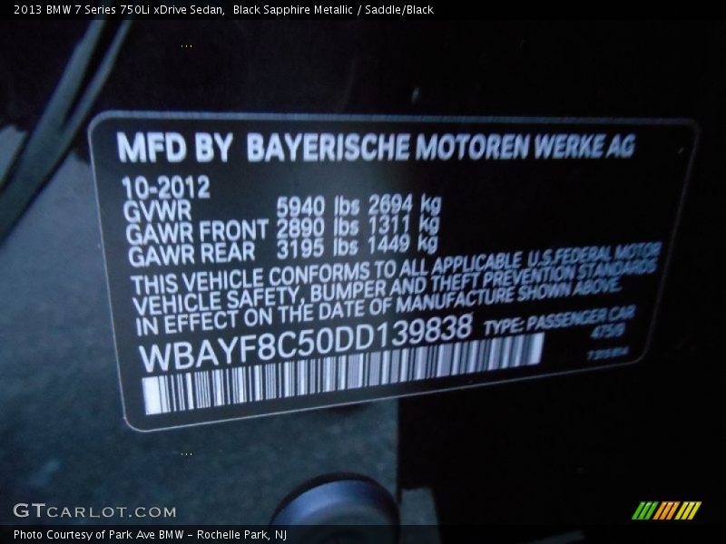 2013 7 Series 750Li xDrive Sedan Black Sapphire Metallic Color Code 475