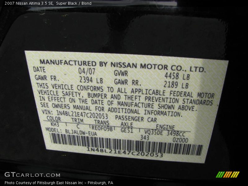 Super Black / Blond 2007 Nissan Altima 3.5 SE