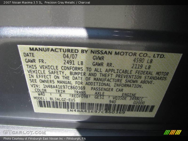 Precision Gray Metallic / Charcoal 2007 Nissan Maxima 3.5 SL