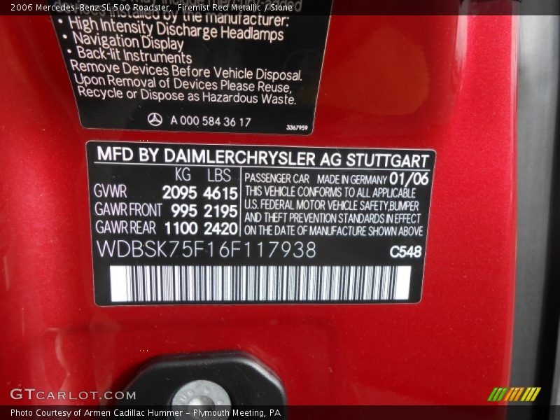 2006 SL 500 Roadster Firemist Red Metallic Color Code 548