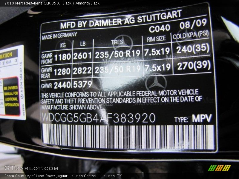 Black / Almond/Black 2010 Mercedes-Benz GLK 350