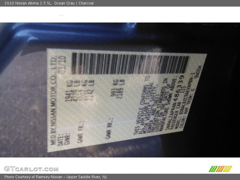 Ocean Gray / Charcoal 2010 Nissan Altima 2.5 SL