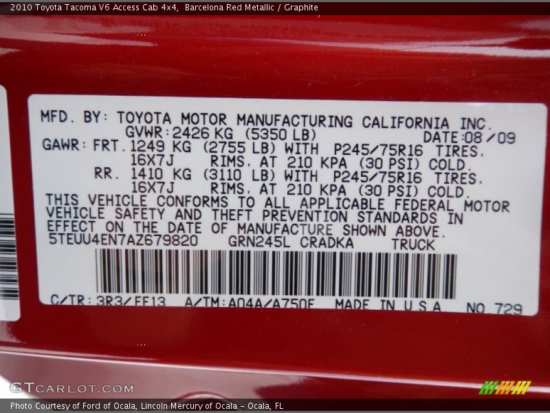 Barcelona Red Metallic / Graphite 2010 Toyota Tacoma V6 Access Cab 4x4