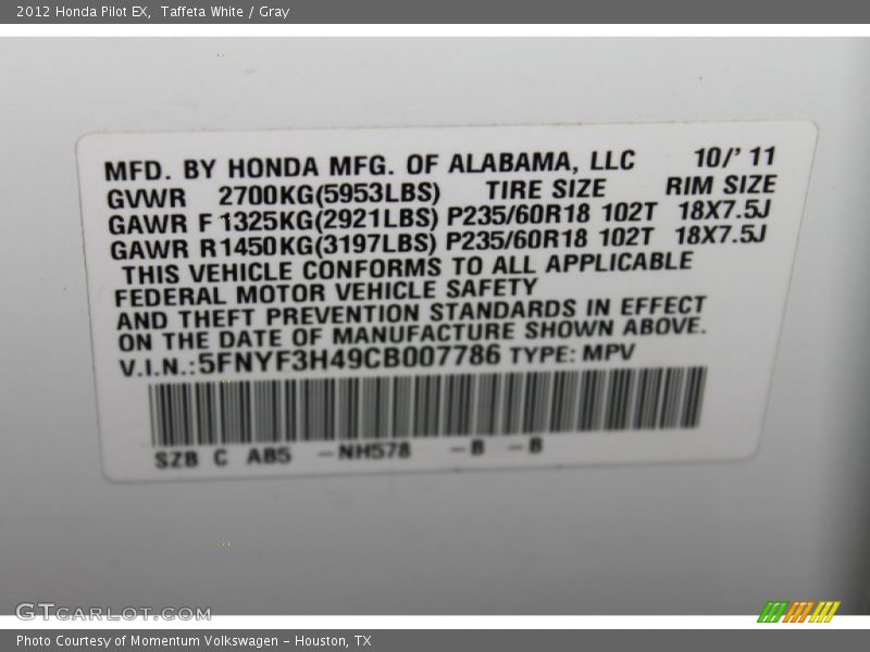 Taffeta White / Gray 2012 Honda Pilot EX