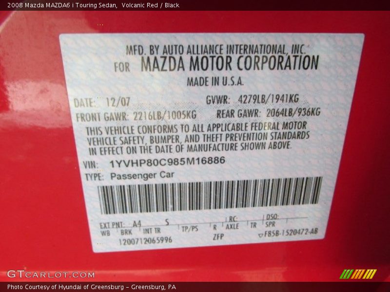 2008 MAZDA6 i Touring Sedan Volcanic Red Color Code A4
