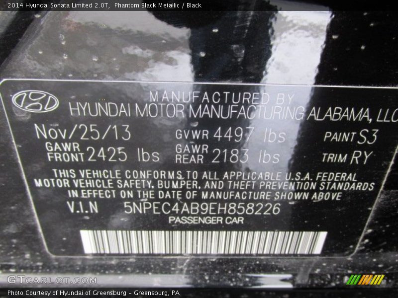Phantom Black Metallic / Black 2014 Hyundai Sonata Limited 2.0T