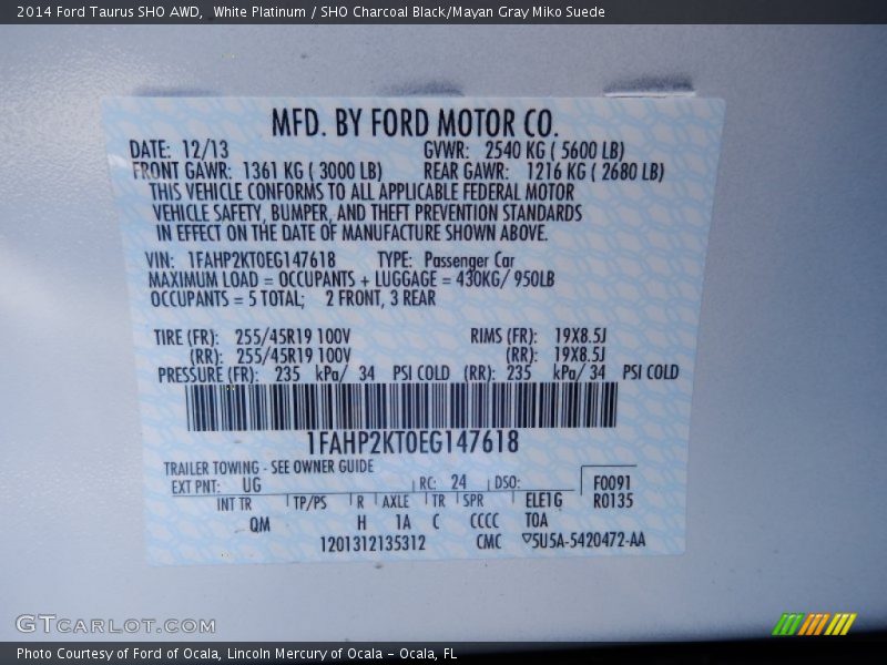 2014 Taurus SHO AWD White Platinum Color Code UG