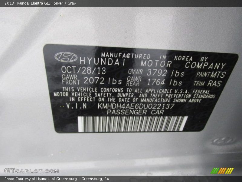 Silver / Gray 2013 Hyundai Elantra GLS