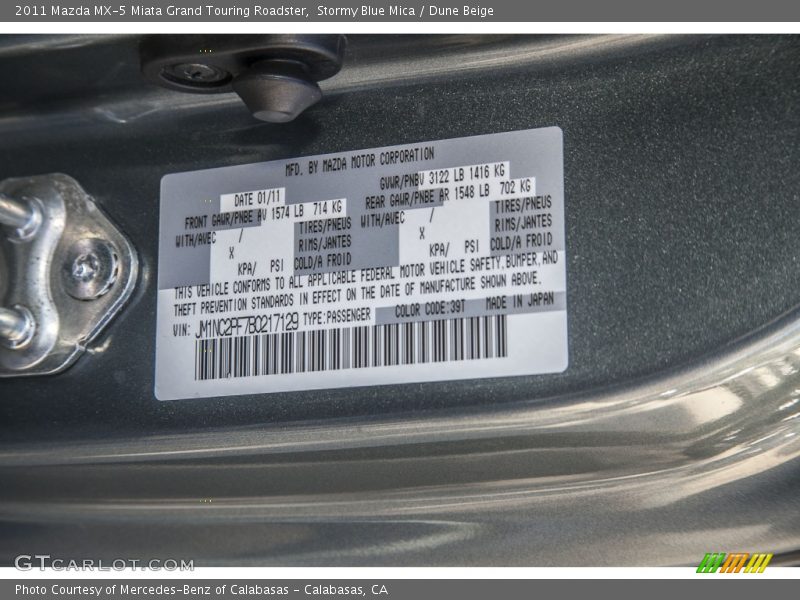 Stormy Blue Mica / Dune Beige 2011 Mazda MX-5 Miata Grand Touring Roadster