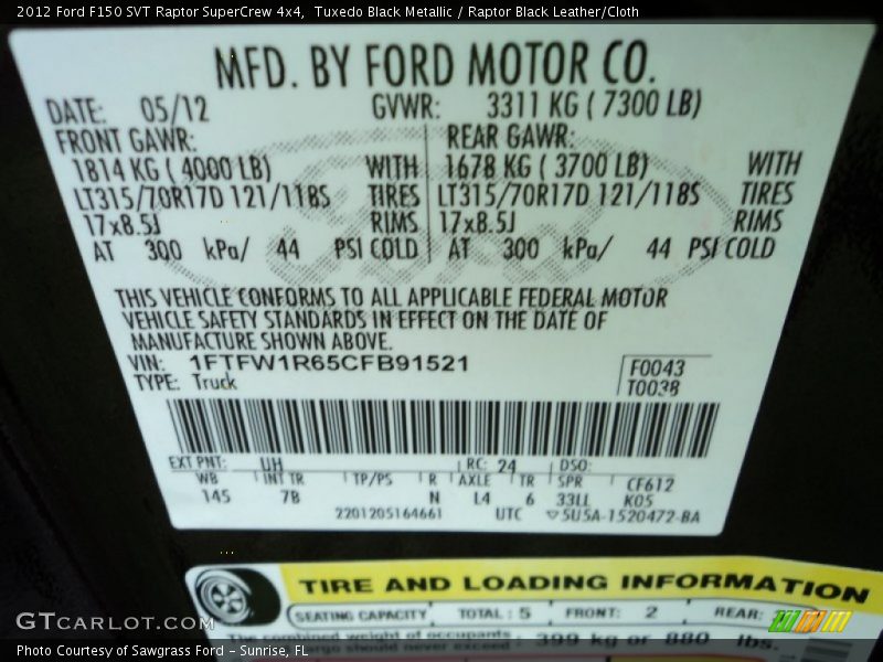 2012 F150 SVT Raptor SuperCrew 4x4 Tuxedo Black Metallic Color Code UH