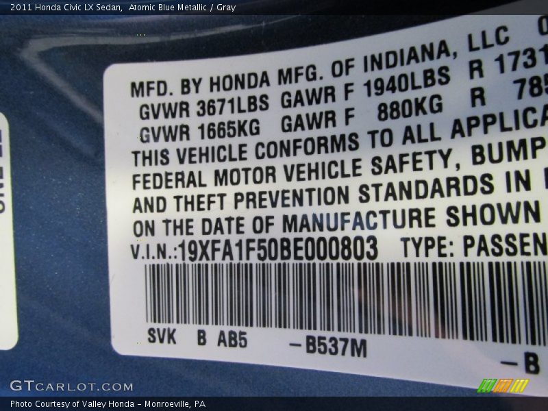 Atomic Blue Metallic / Gray 2011 Honda Civic LX Sedan
