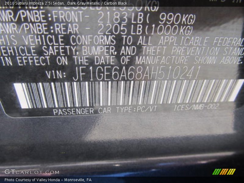 Dark Gray Metallic / Carbon Black 2010 Subaru Impreza 2.5i Sedan