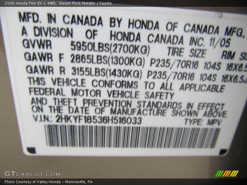 Desert Rock Metallic / Saddle 2006 Honda Pilot EX-L 4WD