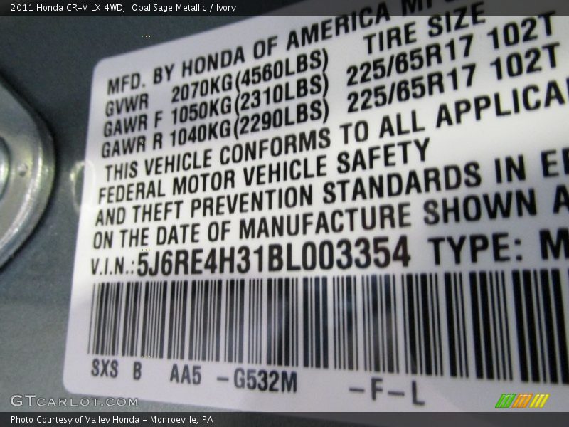 Opal Sage Metallic / Ivory 2011 Honda CR-V LX 4WD