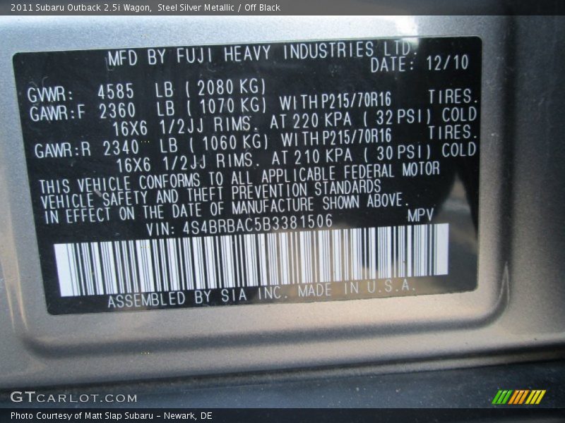 Steel Silver Metallic / Off Black 2011 Subaru Outback 2.5i Wagon