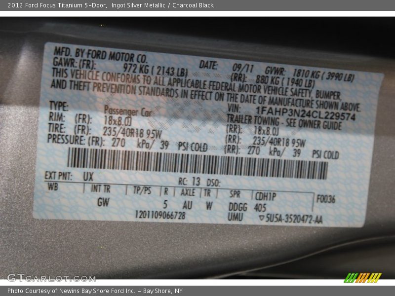 Ingot Silver Metallic / Charcoal Black 2012 Ford Focus Titanium 5-Door