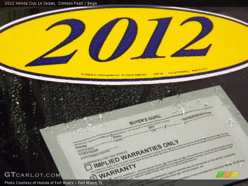 Crimson Pearl / Beige 2012 Honda Civic LX Sedan