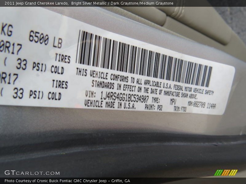 Bright Silver Metallic / Dark Graystone/Medium Graystone 2011 Jeep Grand Cherokee Laredo