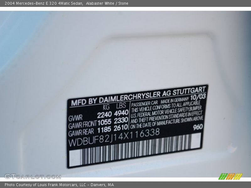 2004 E 320 4Matic Sedan Alabaster White Color Code 960