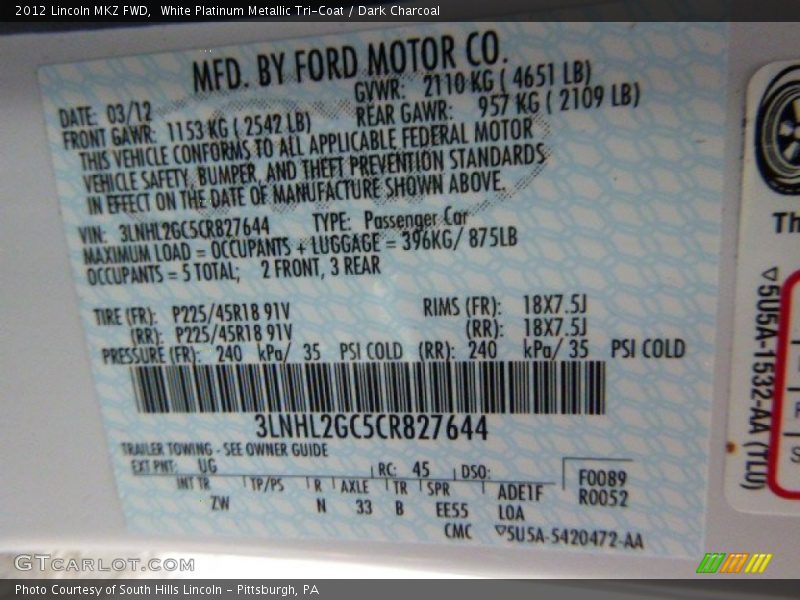 White Platinum Metallic Tri-Coat / Dark Charcoal 2012 Lincoln MKZ FWD